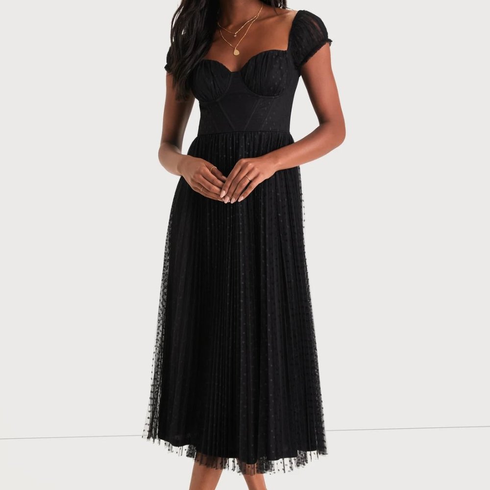 Lulu's BNWT Purpose Black Mesh Swiss Dot Puff Sleeve Bustier Midi Dress
